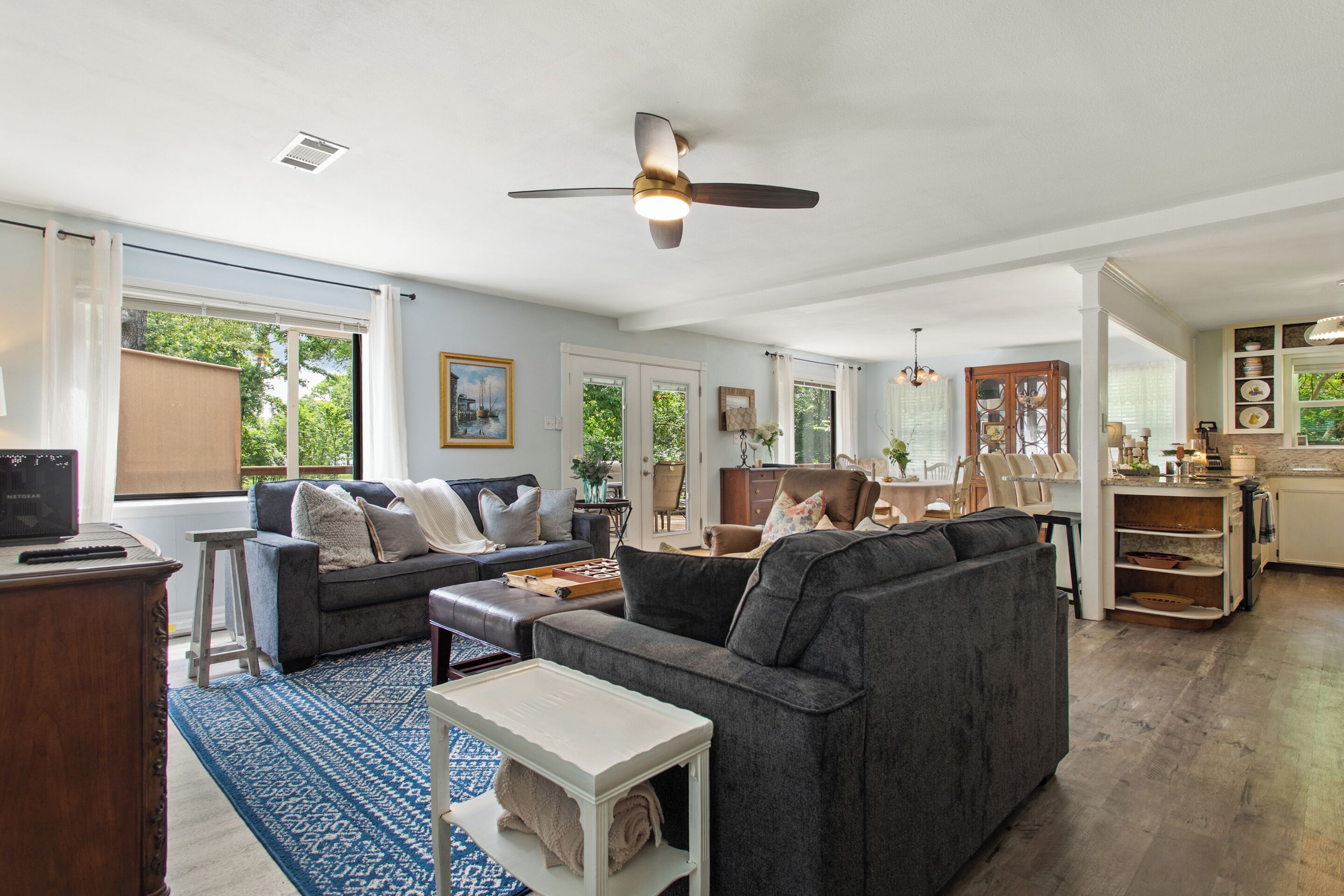 Smart TV, fireplace, books, music library