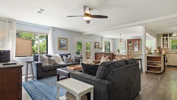 Smart TV, fireplace, books, music library