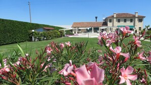 Une maison avec un toit en tuiles, une véranda et une pelouse bien entretenue parsemée de fleurs roses.