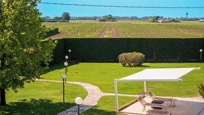 Un jardin bien entretenu, avec un chemin dallé, un espace aménagé avec une table et des chaises, et une vue sur un vignoble en arrière-plan.