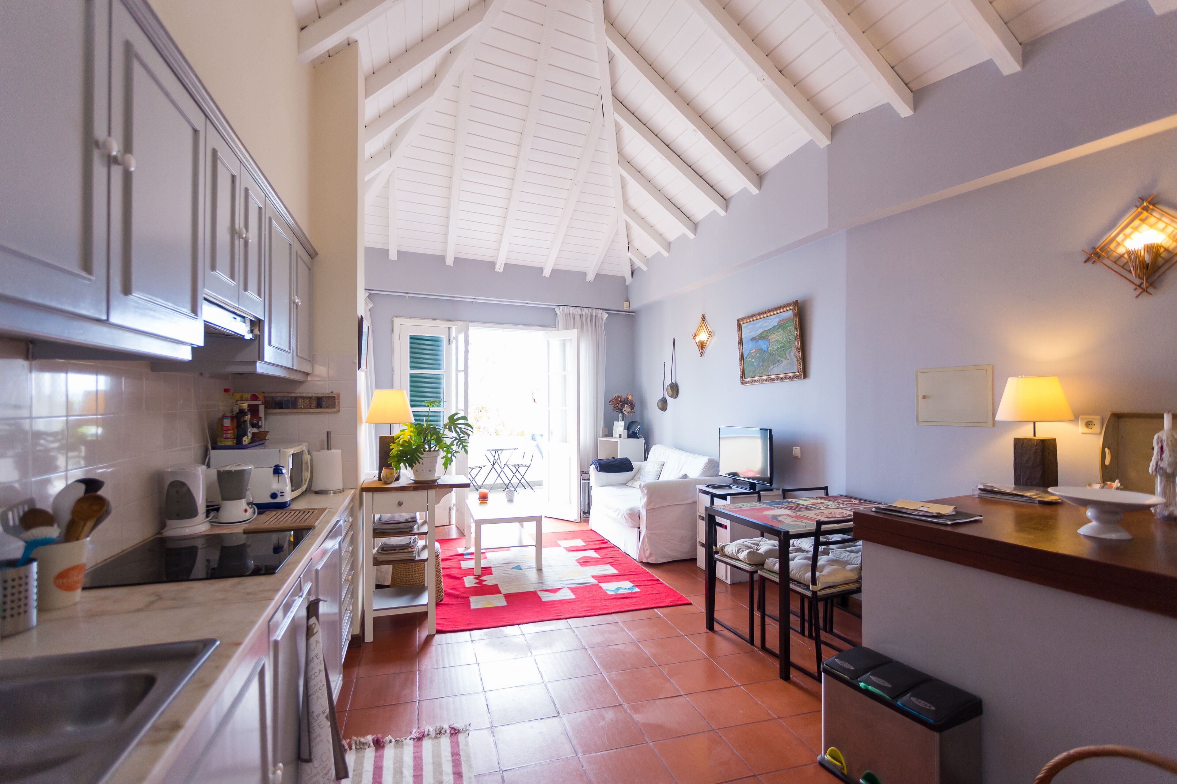 A spacious kitchen with modern appliances, a dining area with a red rug, and a living room with a white sofa and a TV.