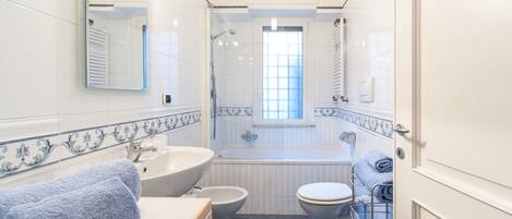 Combined shower/tub, hair dryer, bidet, towels