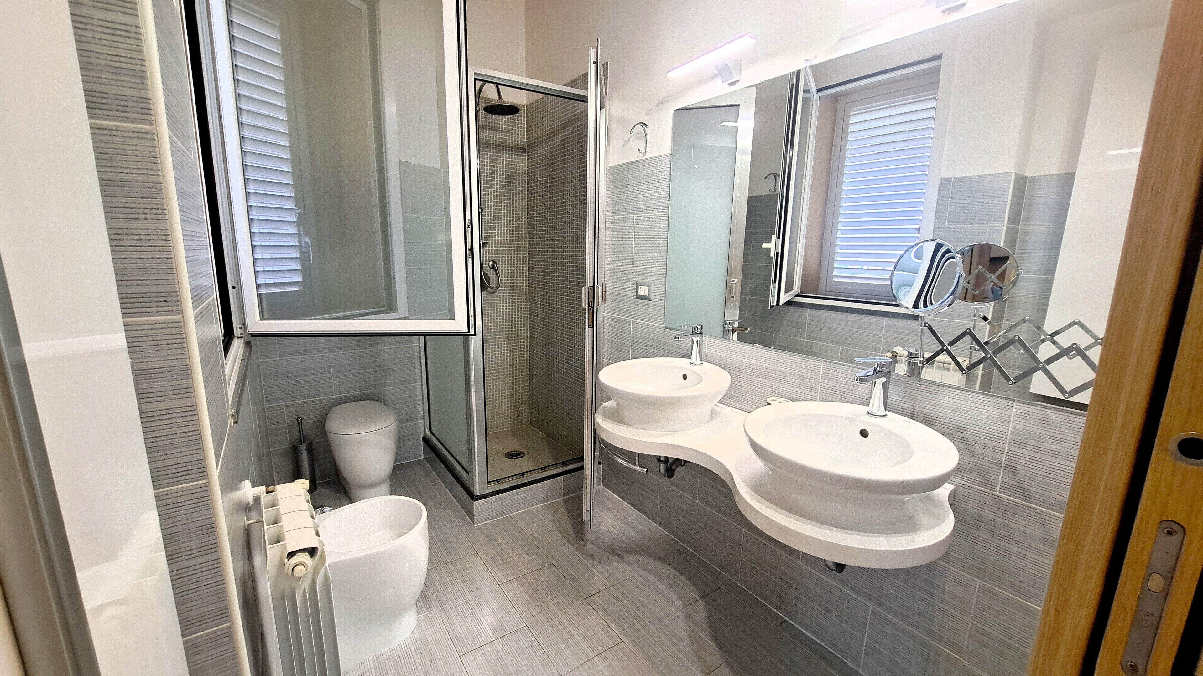 Shower, hair dryer, bidet, towels
