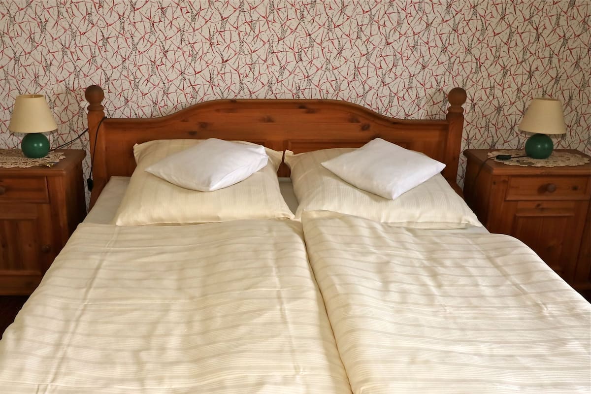 Cama doble con dos almohadas, cabecero de madera, dos mesitas de noche con lámparas y papel tapiz estampado.
