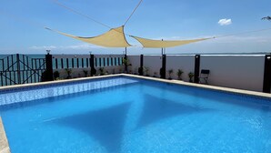 A swimming pool with a view of the sea, surrounded by a white wall with black vertical accents and potted plants.