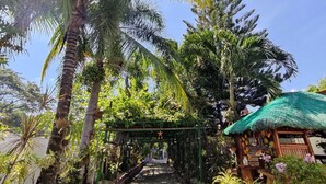 A pathway lined with palm trees and potted plants, leading to a small structure with a green roof.