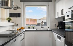 Fridge, stovetop, dishwasher, coffee/tea maker