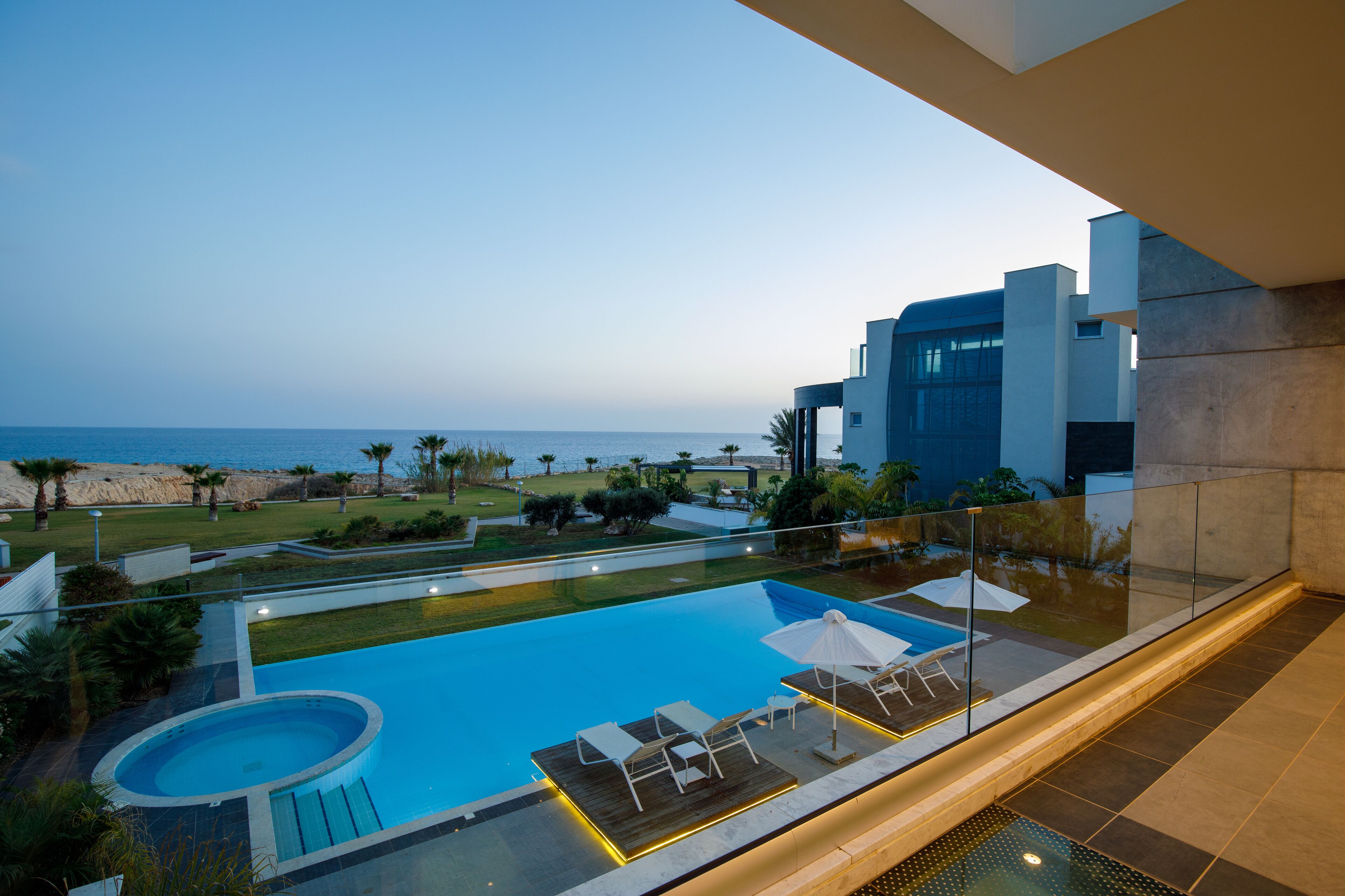 Outdoor pool, pool umbrellas, pool loungers