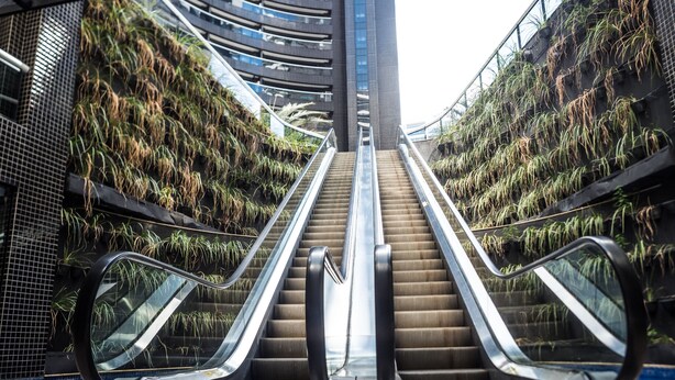 An indoor escalator surrounded by vertical gardens. - Landscape Diamond (Fortaleza)