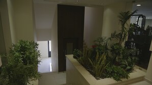 Een modern interieur met een trap, een plantenbak met diverse planten, en een zicht op een fitnessruimte op de achtergrond.