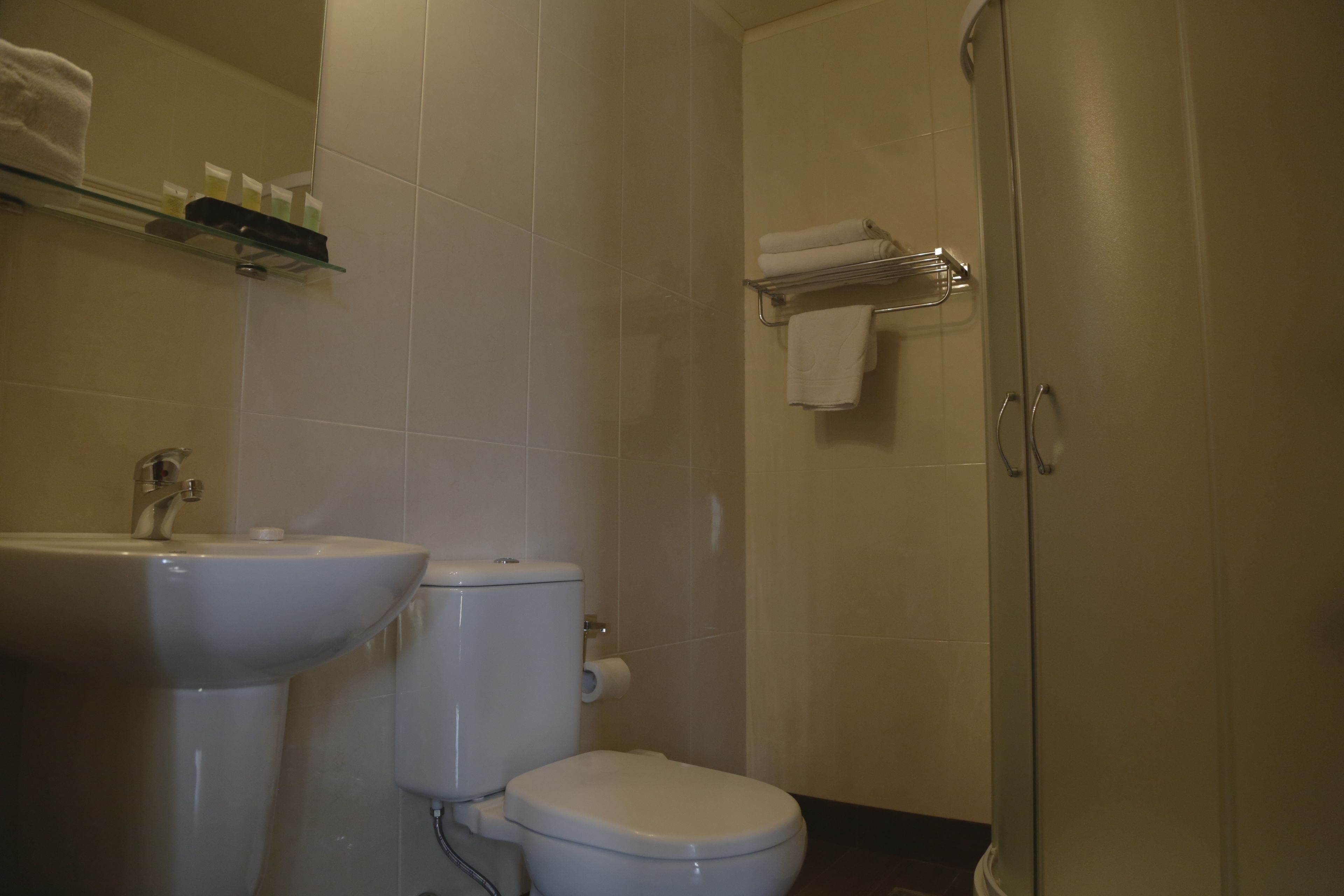 Un baño con lavamanos, inodoro y ducha.
