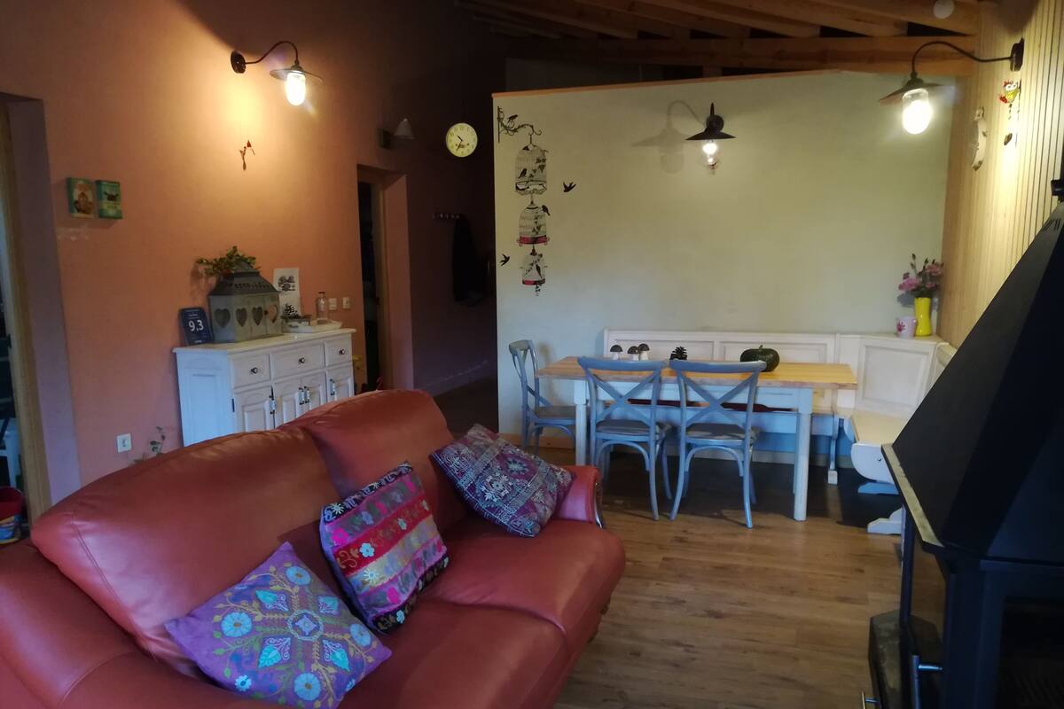 Een gezellige woonkamer met een rode leren bank, een houten eettafel en een zwarte kookplaat.