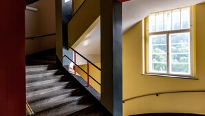 Un escalier avec une rampe, une fenêtre donnant sur un paysage verdoyant et un mur aux couleurs jaune et bleu.