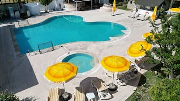Outdoor pool, pool umbrellas, pool loungers