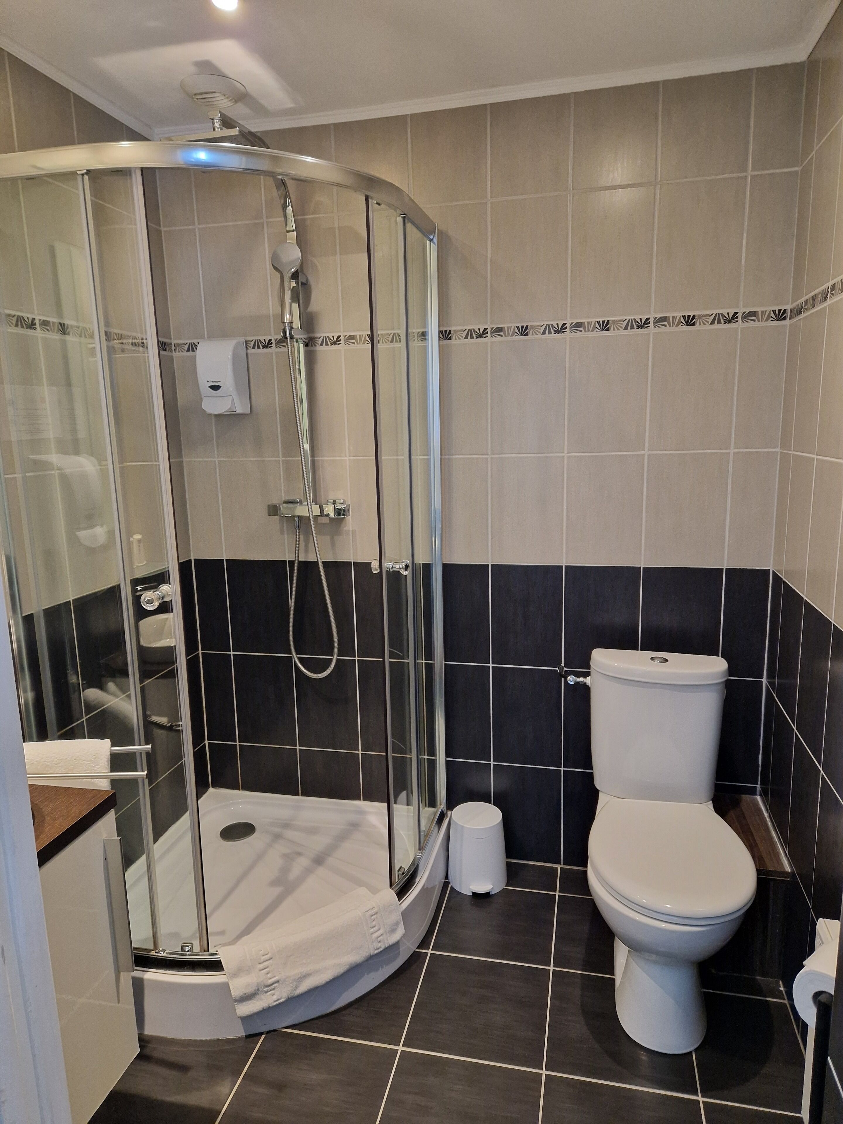 Een moderne badkamer met een glazen douchecabine, een wit toilet en zwart betegelde wanden.