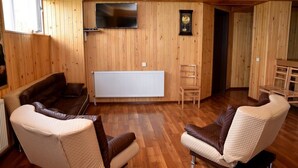 A wooden-paneled room with a sofa, armchairs, a television, and a radiator.