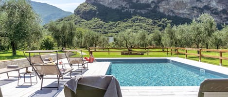 Seasonal outdoor pool, sun loungers