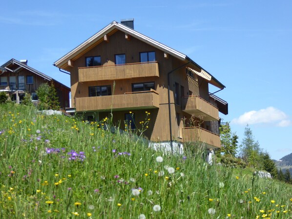 A modern two-story wooden house with balconies, surrounded by a lush green field with wildflowers. - Appartements Berg 170 (Damüls)