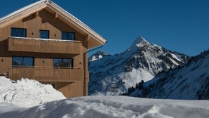 A wooden chalet with a balcony, set against a backdrop of snow-covered mountains and a clear blue sky. - Appartements Berg 170 (Damüls)