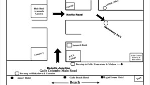 A map of a town with landmarks such as the Holy Basil Ayurvedic Garden, Kovila Road, Homestay 24/1, Cemetery, Samurdhi Bank, B.T.S College, and Amari Hotel. - DiNi Galle (Galle)