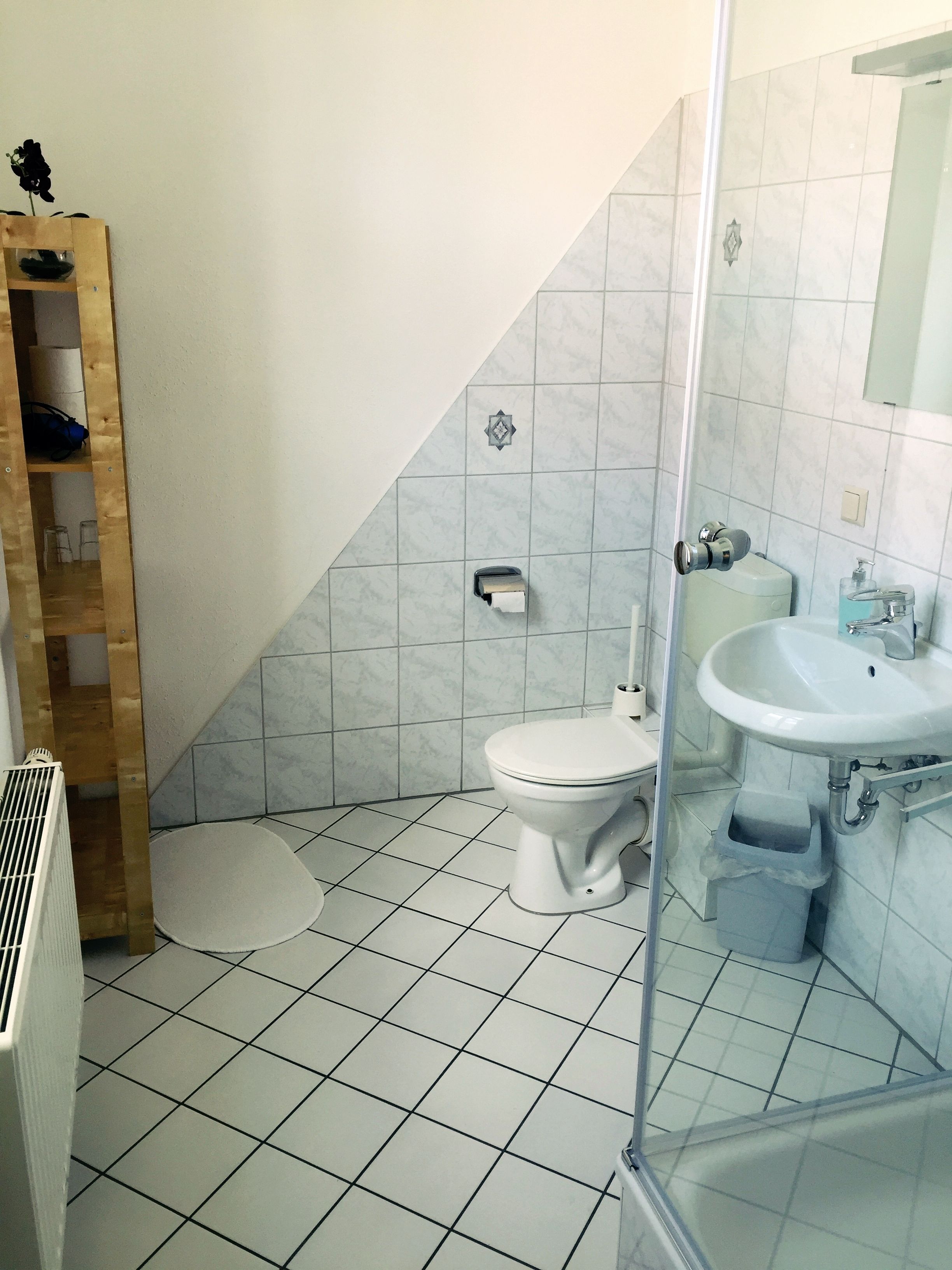 Une salle de bain avec des toilettes, un lavabo et une douche.
