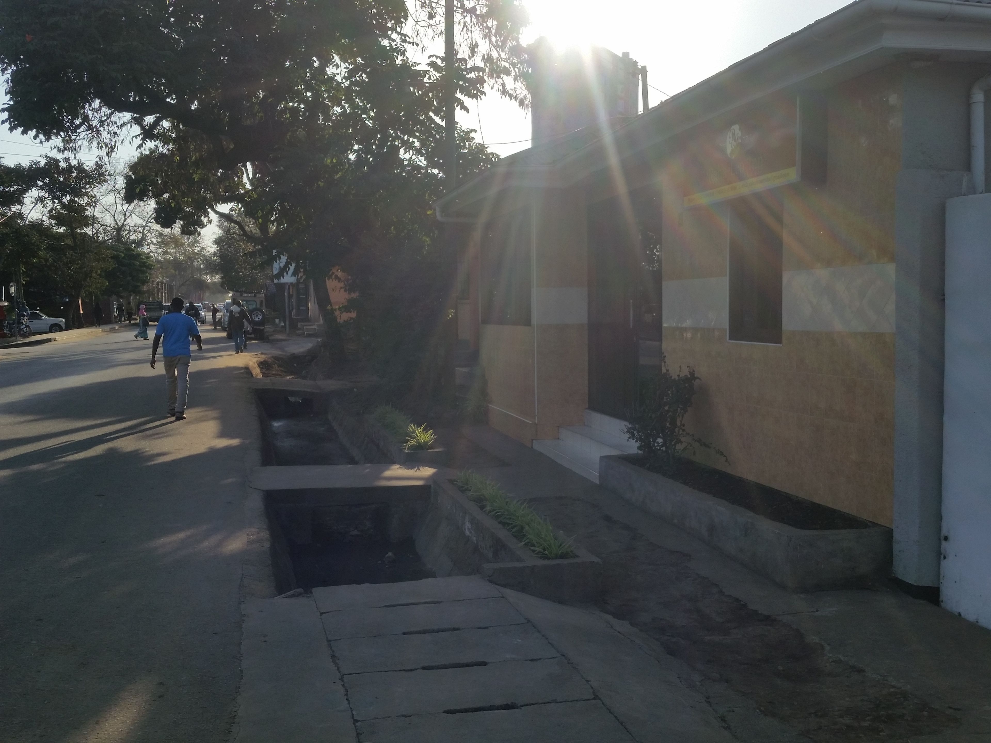 A residential street with houses, a drainage ditch, and a person walking.