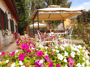 Un patio con mobiliario exterior, rodeado de flores coloridas y un pérgola que ofrece sombra.