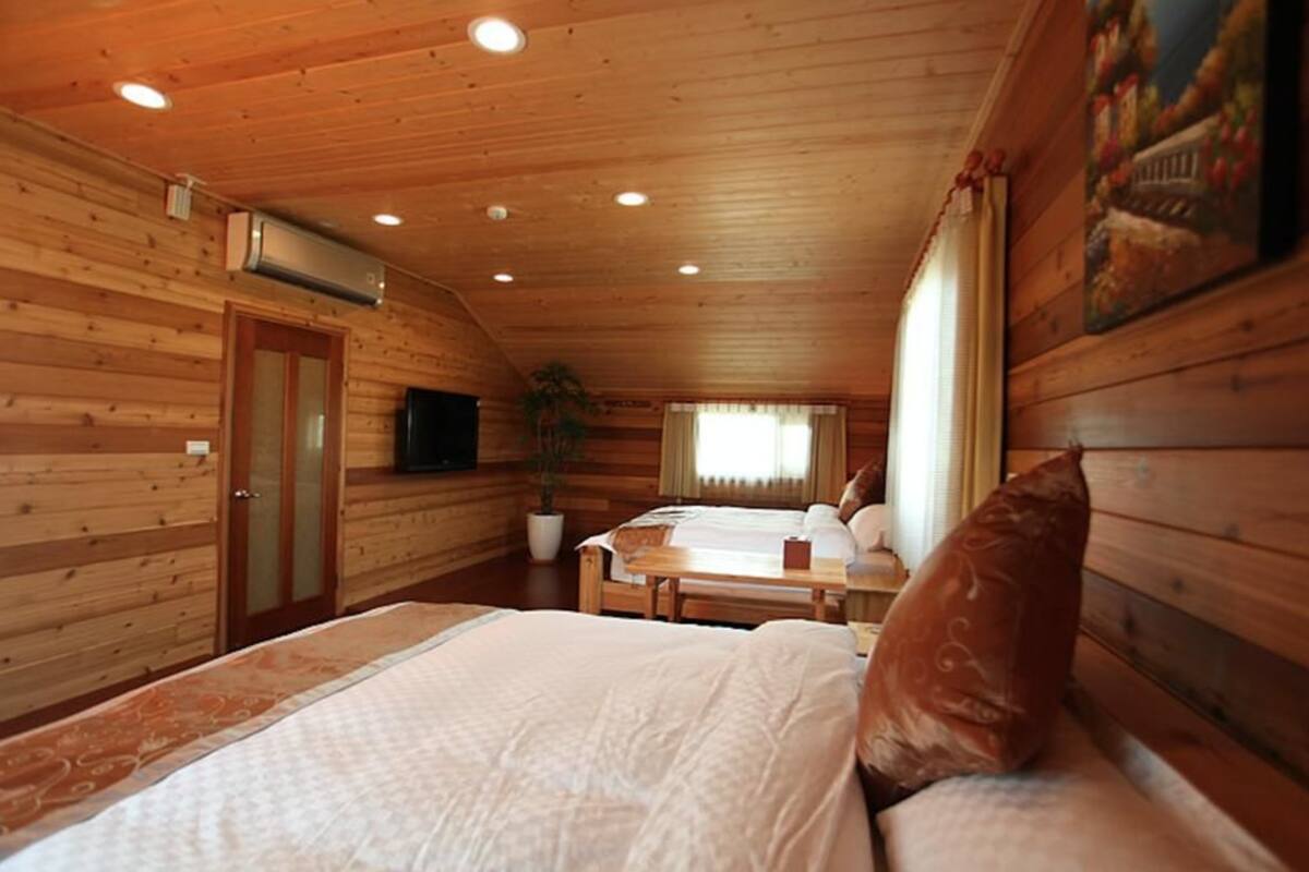 A wooden cabin room with two beds, a television, and a potted plant.