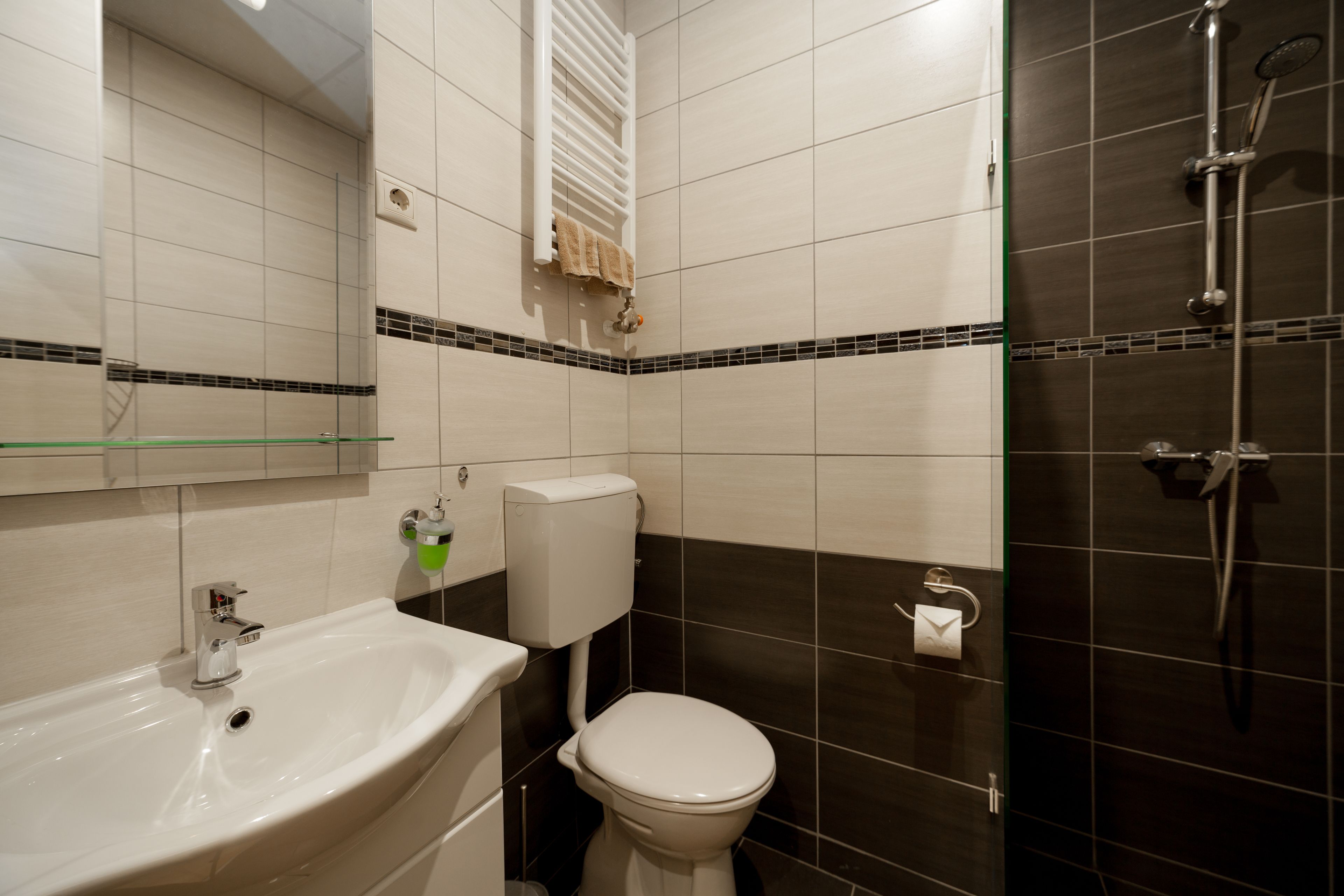 Dusche, Haartrockner, Handtücher, Shampoo