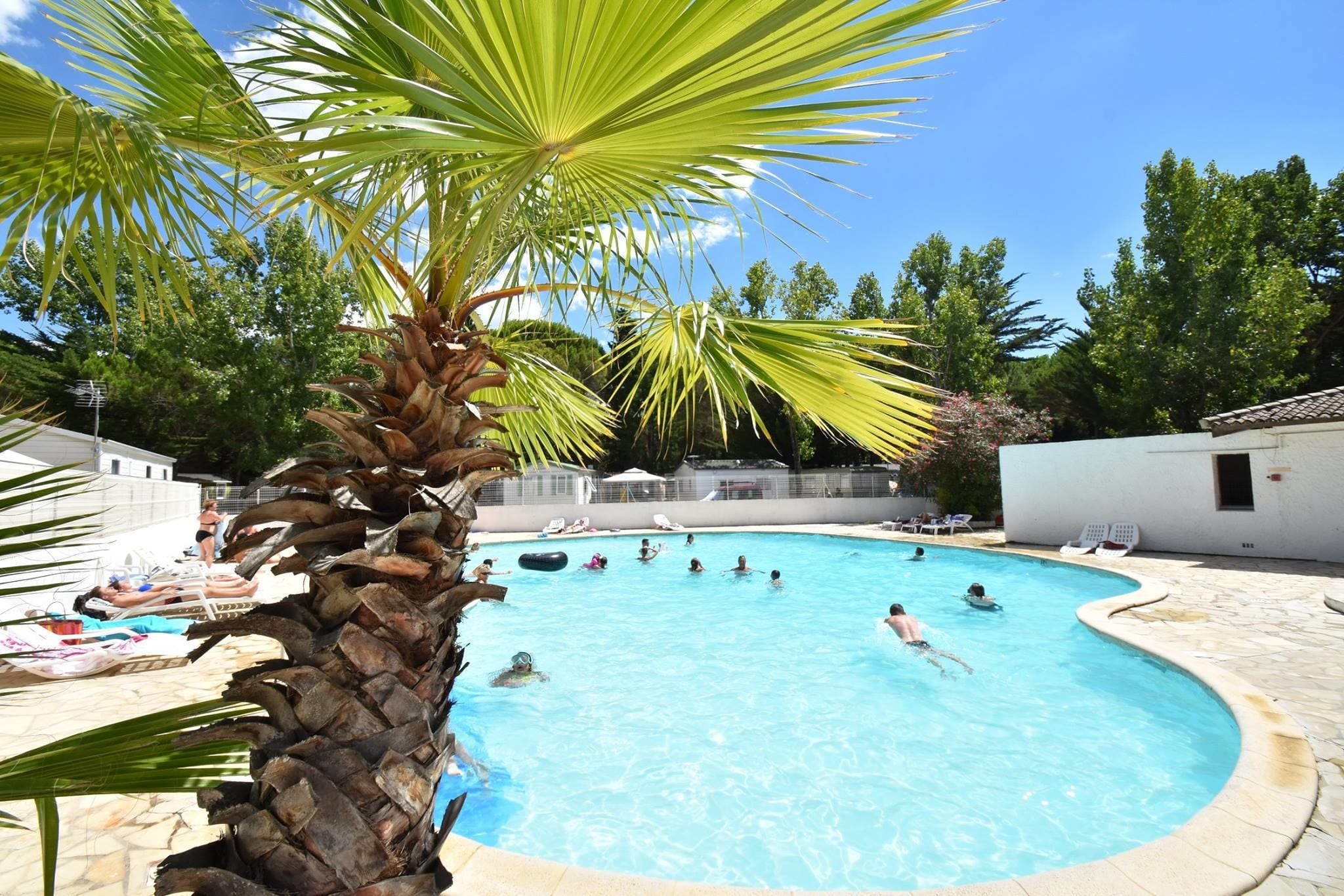 Seasonal outdoor pool, pool umbrellas, pool loungers