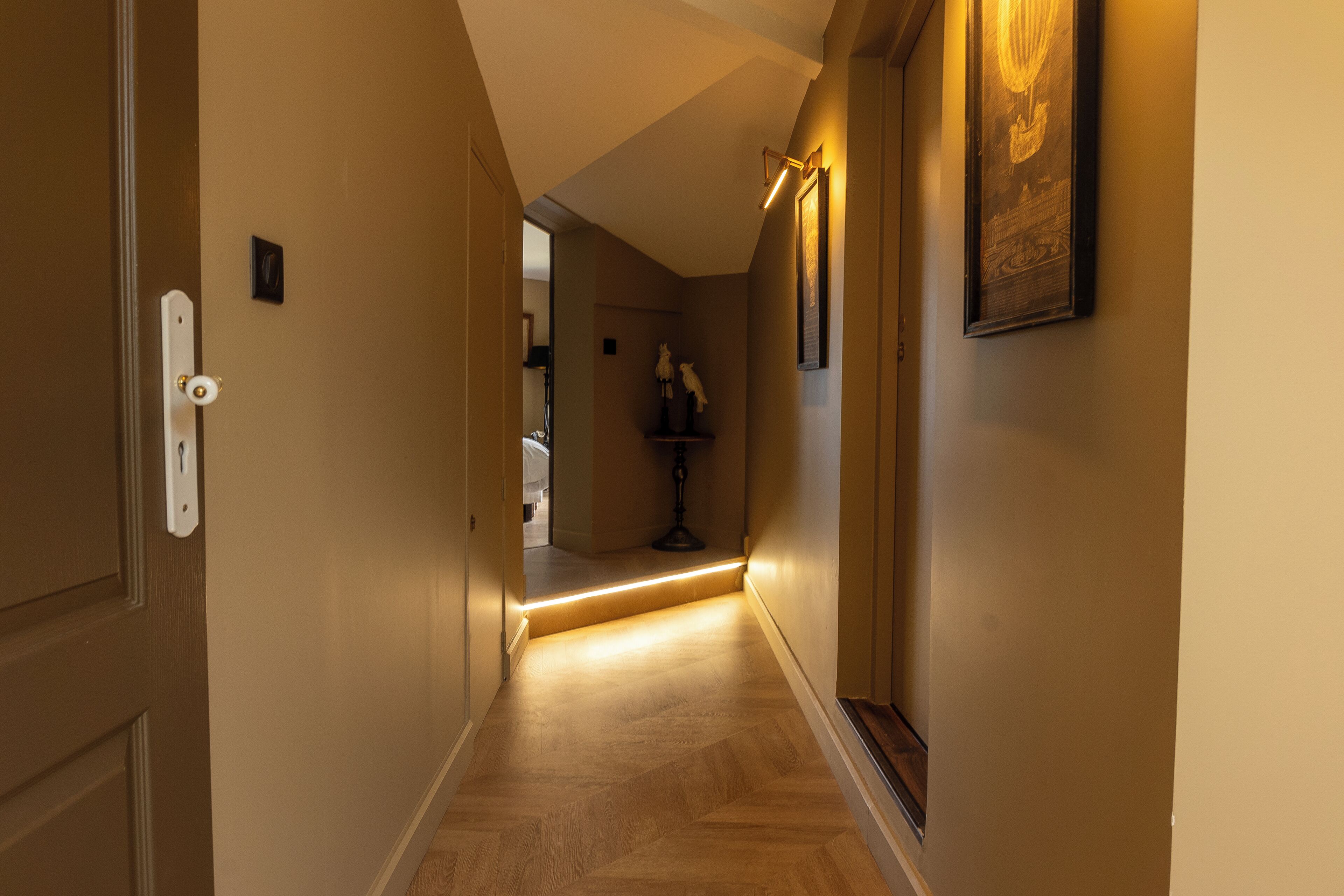 Un couloir avec un plancher en bois, une porte à gauche et un luminaire à droite.