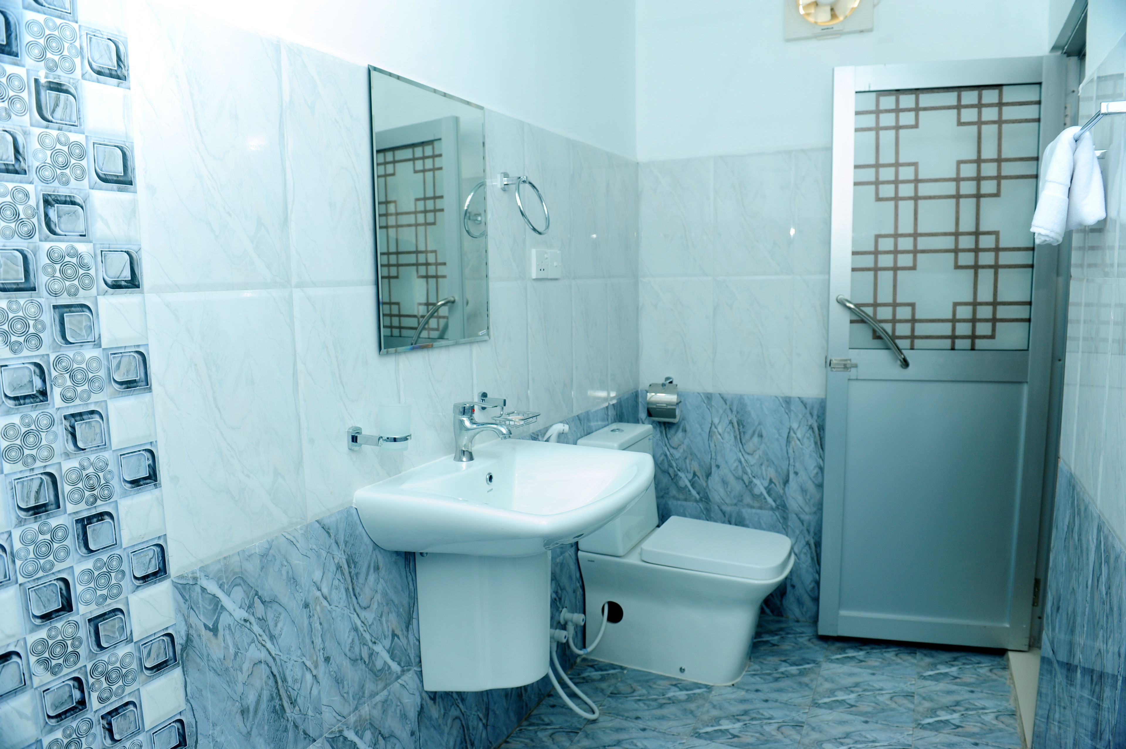 Une salle de bain avec un lavabo blanc, des toilettes et un espace douche.