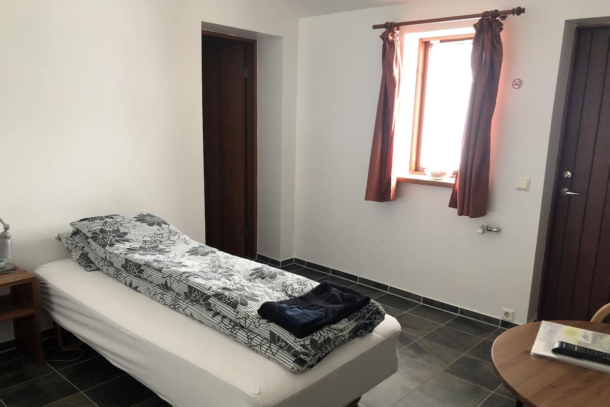A single bed with a patterned bedspread, a bedside table with a lamp, a window with curtains, and a door.