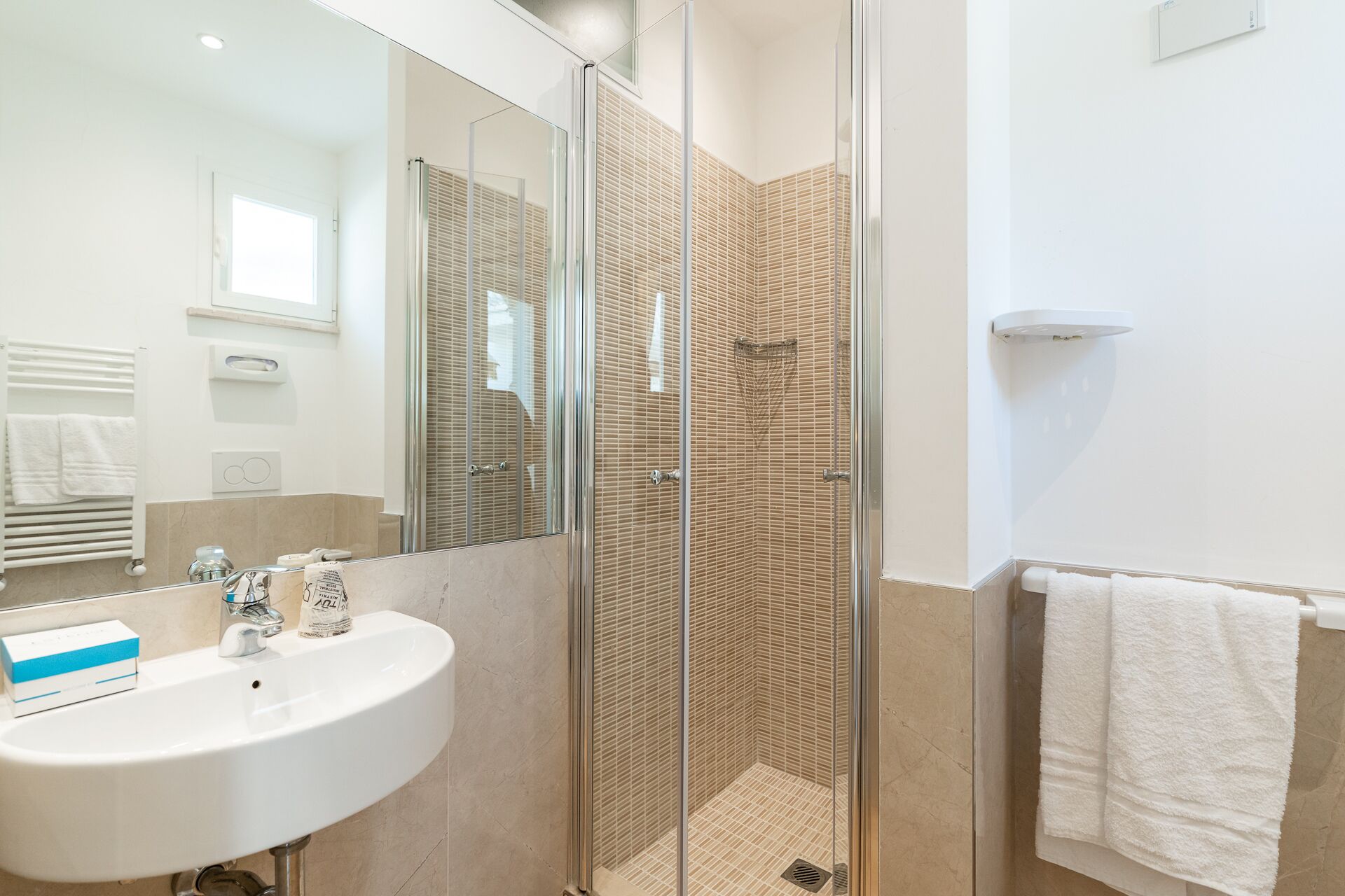 A modern bathroom with a glass-enclosed shower, a white sink, and a towel rack.