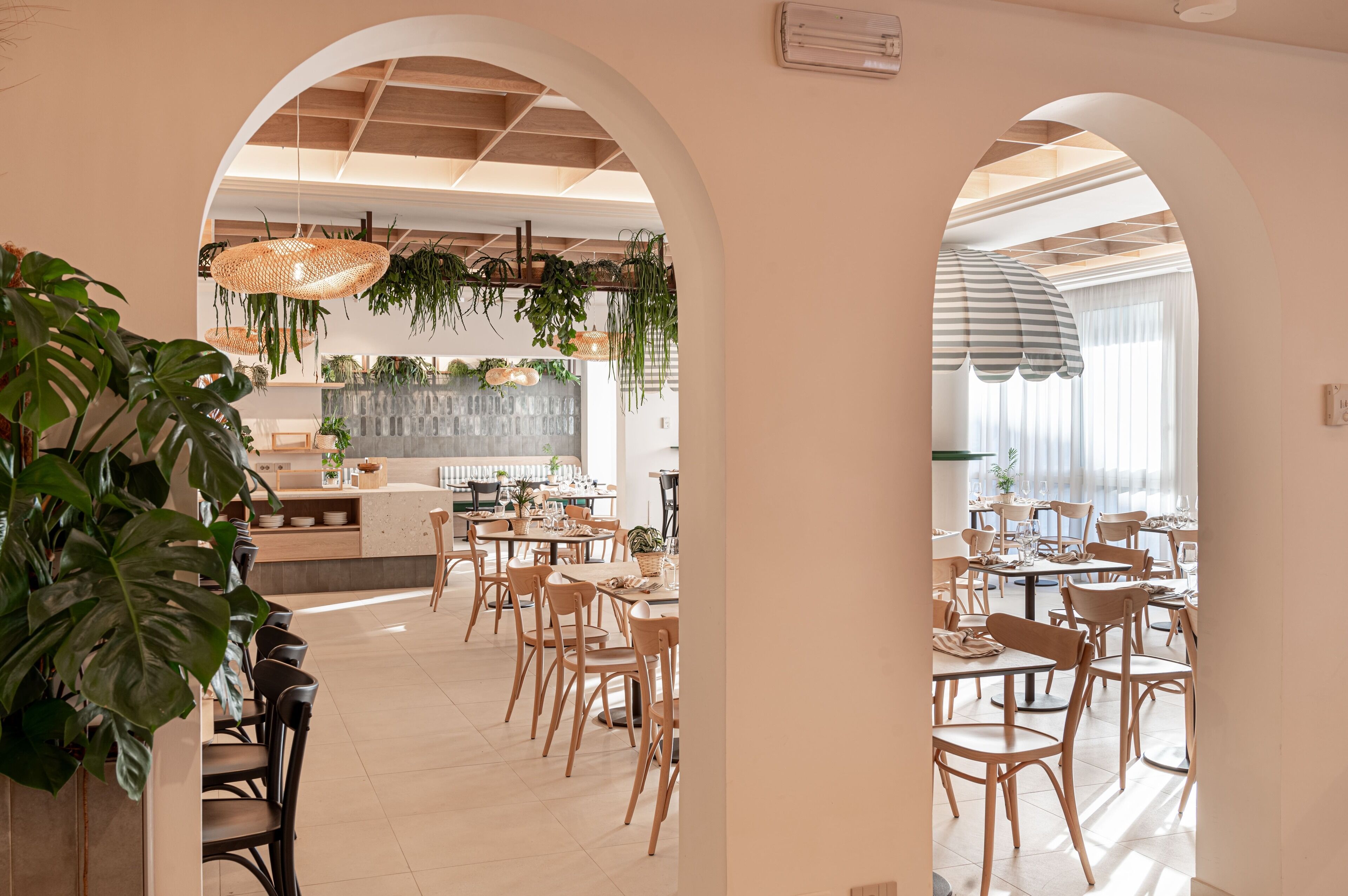 Un comedor moderno con sillas y mesas de madera, una cocina al fondo y plantas colgando del techo.