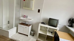 Een kleine, praktische kamer met een douche, een wastafel, een televisie en een ventilator.