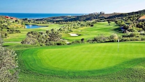 Un campo da golf con una bandierina, ostacoli d'acqua e una vista sullo sfondo del mare.