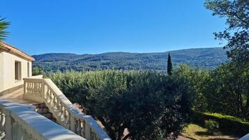 A building with a balcony overlooking a vineyard and distant hills.