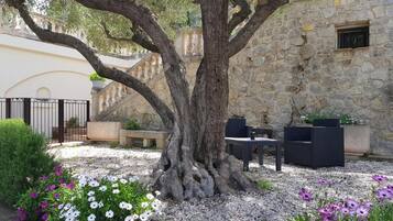 Un bâtiment en pierre avec un grand arbre au centre, des places assises à l’extérieur et un sol recouvert de gravier.