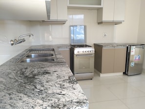 Full-size fridge, oven, stovetop, electric kettle