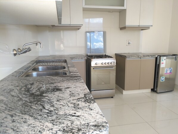 Full-size fridge, oven, stovetop, electric kettle