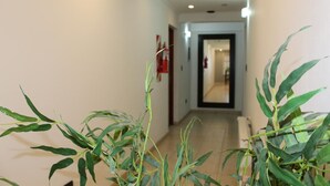 A hallway with a plant in the foreground, a door at the end, and a light fixture on the ceiling. - Ushuaia Apart Hotel Cabo San Diego (Ushuaia)