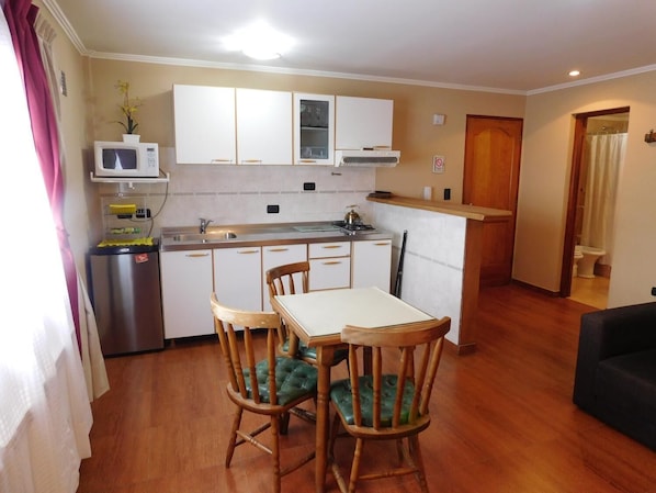 Fridge, microwave, stovetop, coffee/tea maker