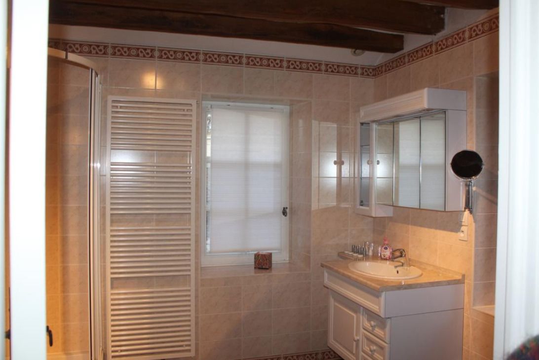 A bathroom with a shower, a sink, and a mirror.