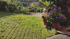A terraced garden with a palm tree and flowering plants, a paved walkway, and a view of a hillside with buildings in the distance. - B&B Rivarola al Tempo dei Castelli (Carasco)