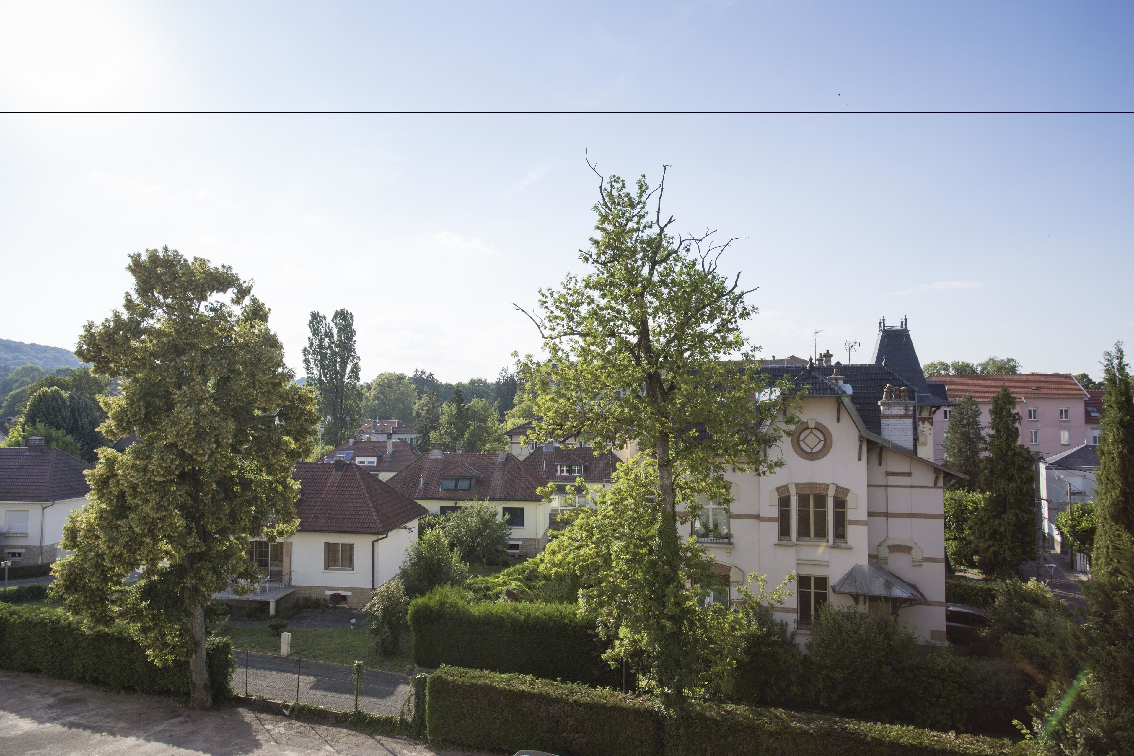 A residential area with houses, a prominent building with a clock, and a clear sky.