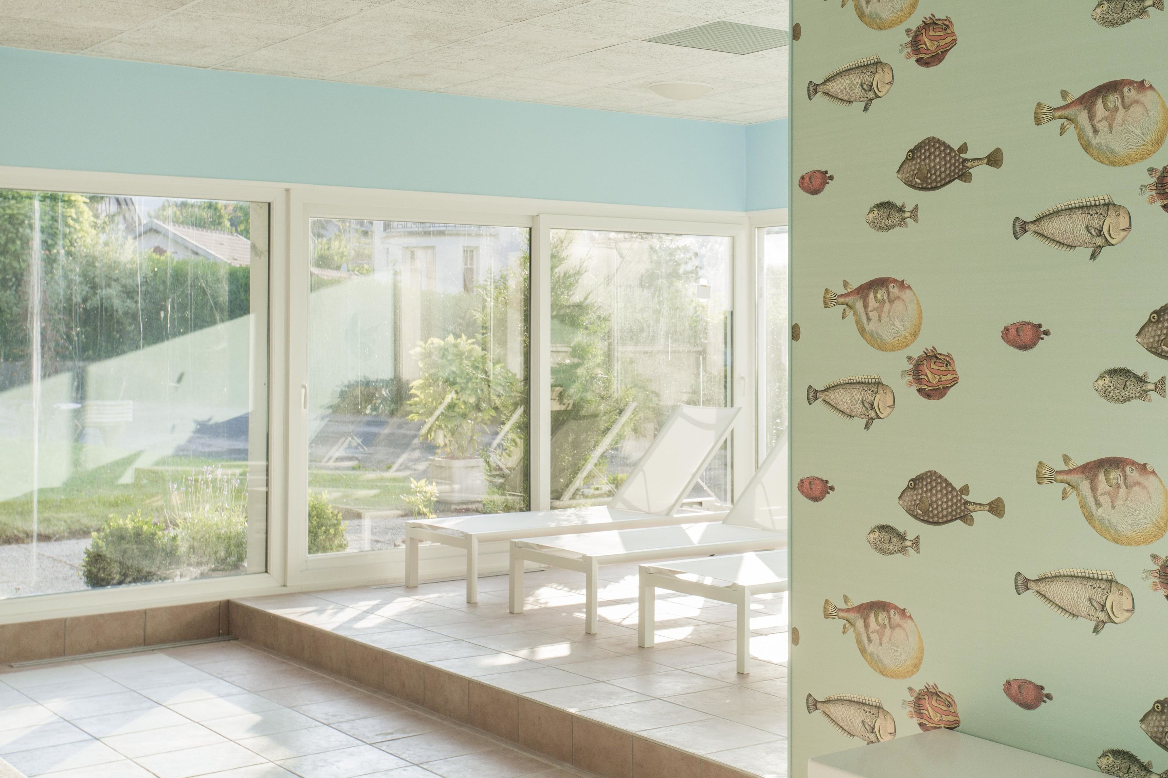 Una habitación iluminada por el sol con ventanas amplias, piso de baldosas y una pared decorada con motivos de peces.