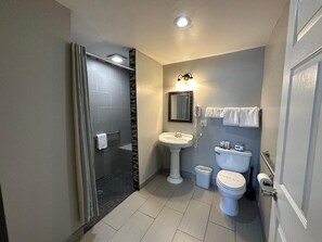 Habitación individual estándar, 1 cama Queen size | Baño | Secadora de cabello y toallas 