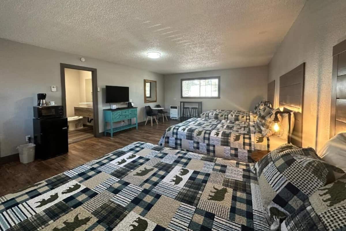 Une chambre avec deux lits, un bureau, une chaise, une télévision et une fenêtre.