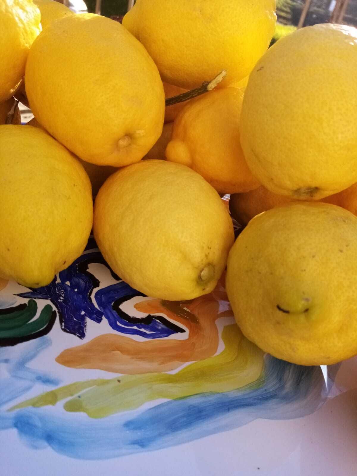Un cuenco de limones sobre una mesa con un cuadro abstracto y colorido.